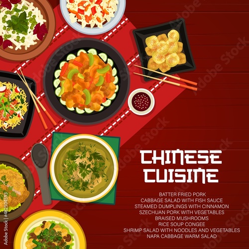 Chinese cuisine restaurant menu cover with vector Asian food dishes. Vegetable shrimp salad, szechuan pork meat and steamed cinnamon dumplings, rice soup, mushroom stew and napa salad with fish sauce