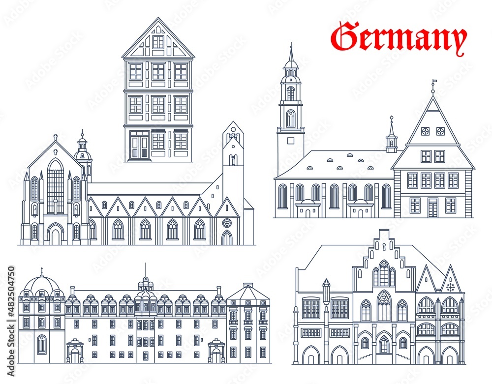 Germany architecture, Celle and Hildesheim landmarks, travel vector sightseeing. Celle Castle, Synagogue and Stadtkirche, Hildesheim rathaus and Hildesheim Cathedral or Hildesheimer Dom in Germany