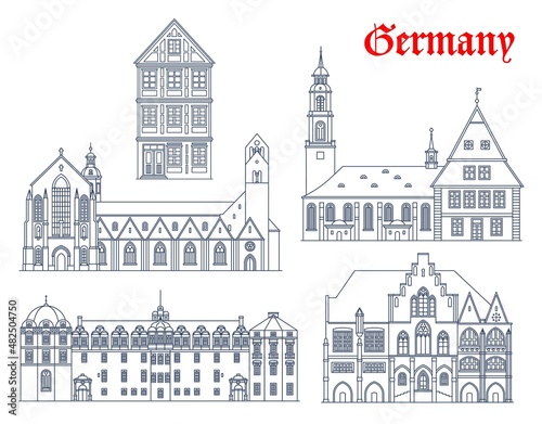Germany architecture  Celle and Hildesheim landmarks  travel vector sightseeing. Celle Castle  Synagogue and Stadtkirche  Hildesheim rathaus and Hildesheim Cathedral or Hildesheimer Dom in Germany