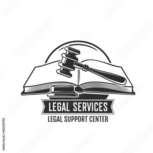 Legal service vector icon with judge gavel and open law book. Lawyer, attorney and advocate office, notary or advocacy company isolated symbol or emblem design