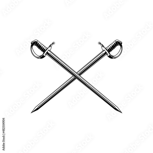 Crossed pirate sabers, swords, epees vector icon. Vintage military weapon cross, cold steel arms design elements, monochrome musketeer skewers isolated on white background