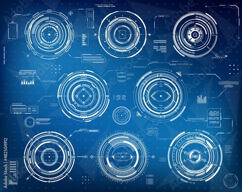 HUD futuristic infographic circular interface elements. Business visual data, vector graph diagrams. HUD tech web panel or UI screen with digital chart or circle flowchart and on virtual display