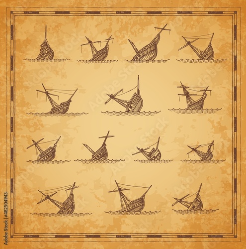 Sunken sailing ships sketches, vintage map elements. Vector engraved wreck sea vessels going on ocean bottom on ancient torn papyrus. Engraving shipwreck on waves retro drawing, old treasure map