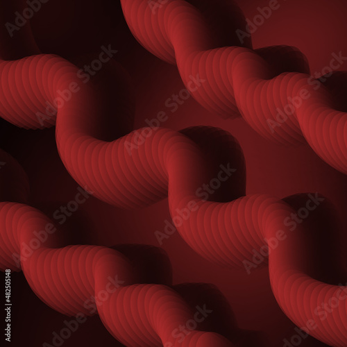 3D geometric shape. Abstract red liquid background. Giant abstract figures in the form of a pipe