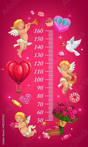 Valentines day height chart, cupids, gifts and hearts growth meter. Vector centimeter scale for kids with Valentine holiday cartoon characters and items. Wall sticker for children height measurement