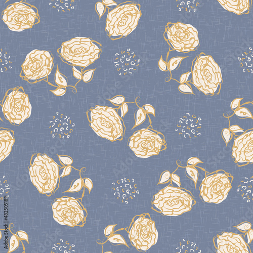 French blue floral linen seamless pattern with 2 tone country cottage style botanical motif. Simple vintage rustic fabric textile effect. Primitive modern shabby chic design.