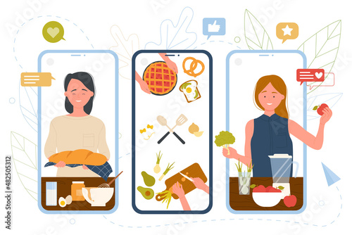 People cooking and baking online vector illustration. Cartoon woman blogger holding fresh bread and pie, slicing vegetables on screen of mobile phone. Cooking show, chef channel, master class concept