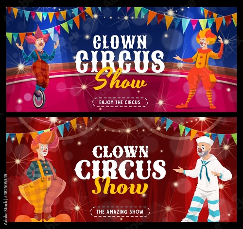 Shapito circus cartoon clowns and jesters on stage of carnival show. Vector clown characters, comic entertainers or harlequins with funny makeup, red noses and wigs, unicycle and flags, circus banners