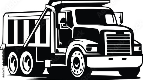 dump truck car vector on black and white background, dump truck silhouette, truck isolated on white