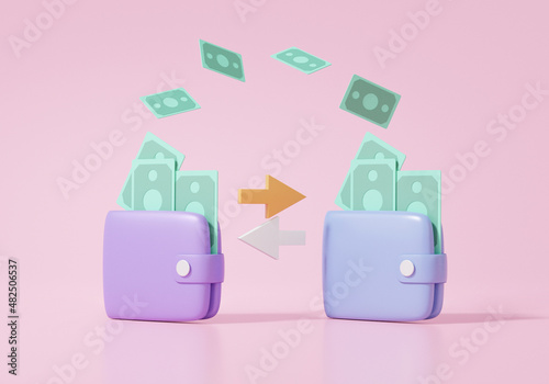 Money payment transfer money transaction concept. on two wallet, illustration cartoon minimal, exchange, copy space, banner, 3d rendering illustration