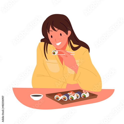 Girl eating sushi at table of restaurant or cafe with Japanese cuisine vector illustration. Cartoon young hungry woman holding chopsticks to eat yummy susi with seafood and fish isolated on white