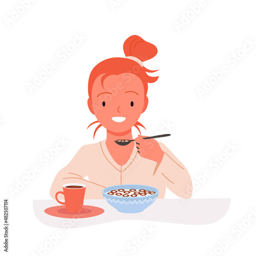 Girl eating crunchy corn flakes or sweet granola with milk from bowl vector illustration. Cartoon cute kid sitting at table with spoon to eat cereal healthy morning breakfast food isolated on white