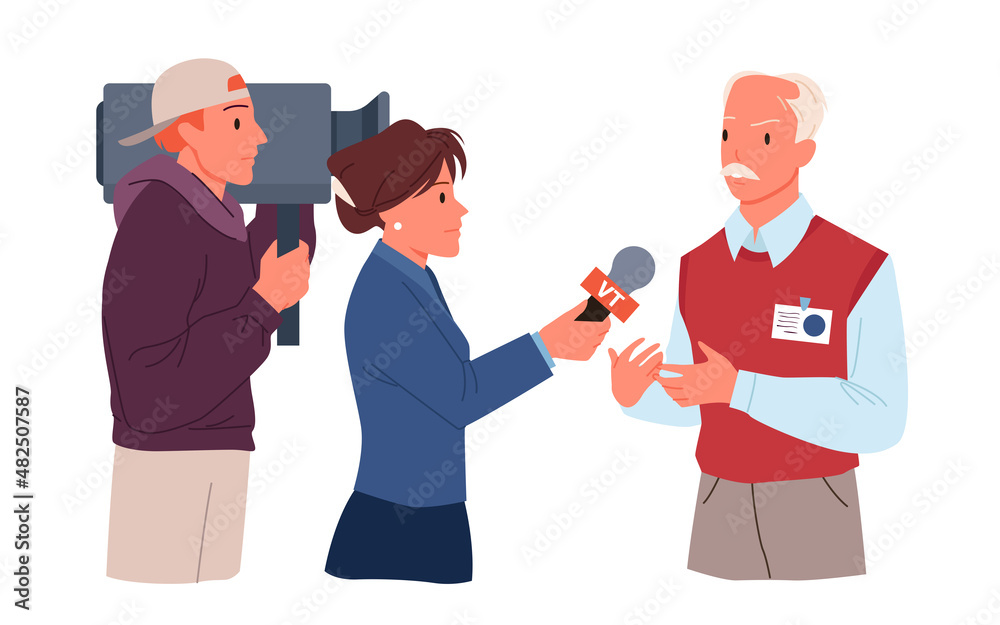 Interview of elderly man by team of journalist and cameraman vector illustration. Cartoon woman reporter with microphone and videographer with camera recording reportage for TV news isolated on white