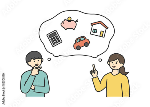 若い男性と女性が将来のお金について考えているイラスト素材