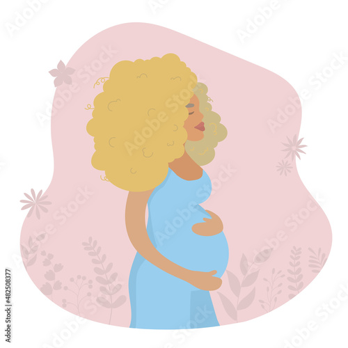 Happy pregnant woman holds her belly. Motherhood. Pregnant woman character. Happy expectant mother.