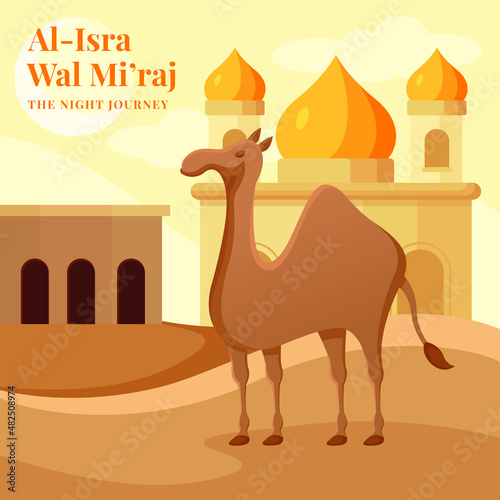 isra miraj nabi muhammad greeting card background style Premium Vector with camel vector