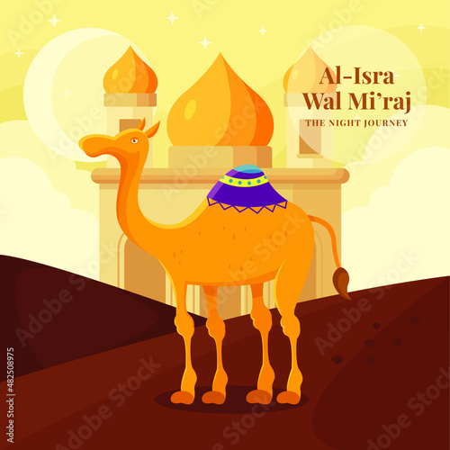 isra miraj nabi muhammad greeting card background style Premium Vector with camel vector