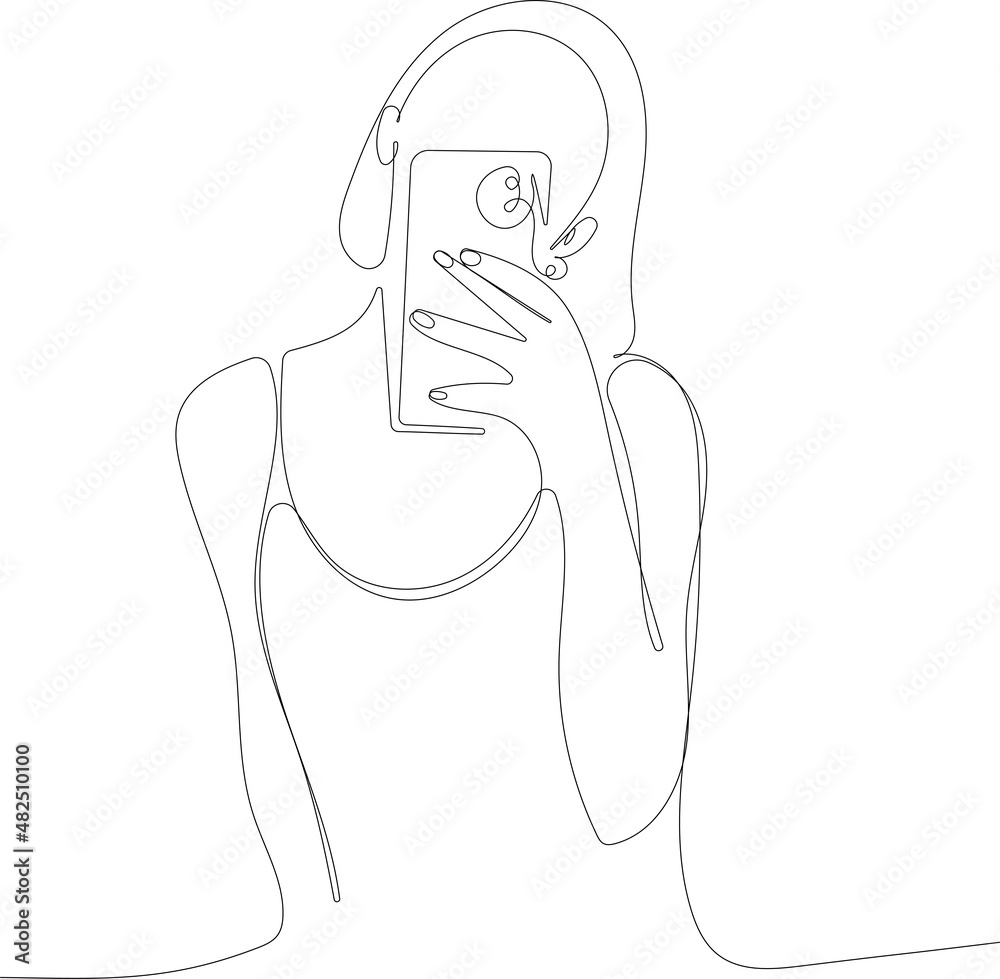 Continuous one line drawing of Cute Girl Take Photo with Selfie. Vector illustration. Minimal outline concept Continuous one line drawing of Cute Girl Take Photo with Selfie. Vector illustration. Minimal outline concept