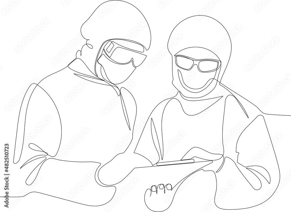 Continuous drawing of one line of two doctors in specialized protective overalls and goggles. Fighting the epidemic, the consequences of the coronavirus for your minimal design. Vector illustration