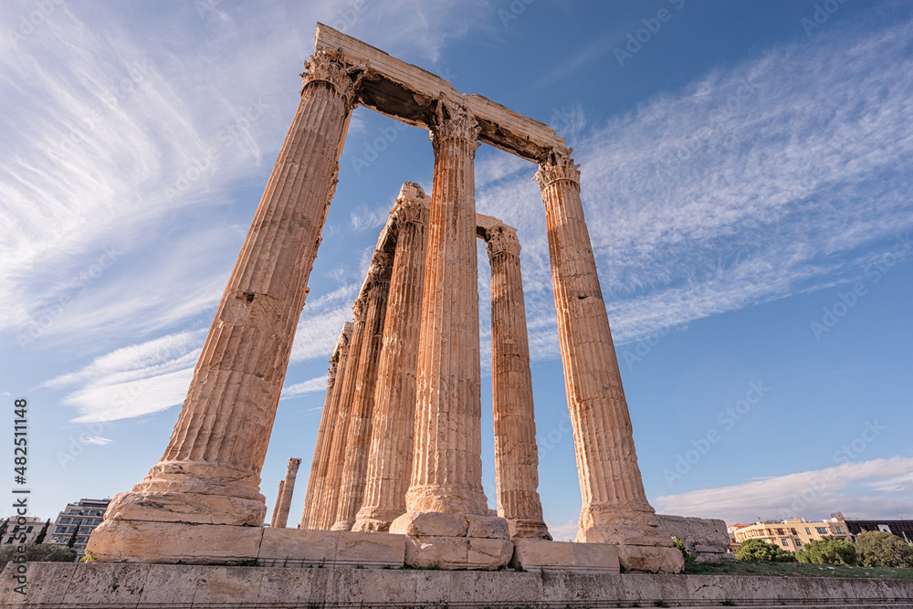 Columns at the Temple of Zeus with blue sky and clouds, Athens Greece