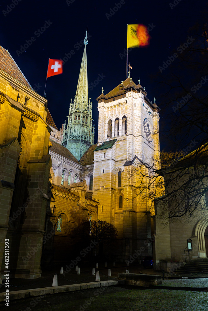 Towers of St Pierre Cathedral in Geneva. Switzerland. Night view