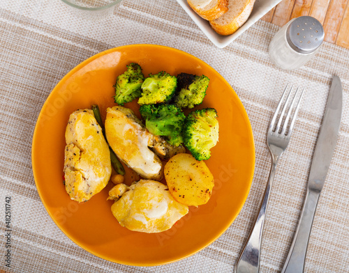 Popular dietary dish all over the world, made from appetizing chicken breast with broccoli and potatoes