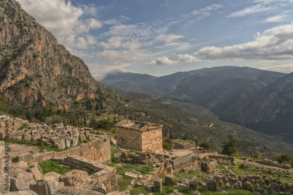 View across the ruins of Delphi with mountains in background