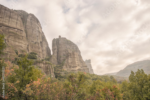 Overcast autumn landscape of rock formation in Meteora, Greece