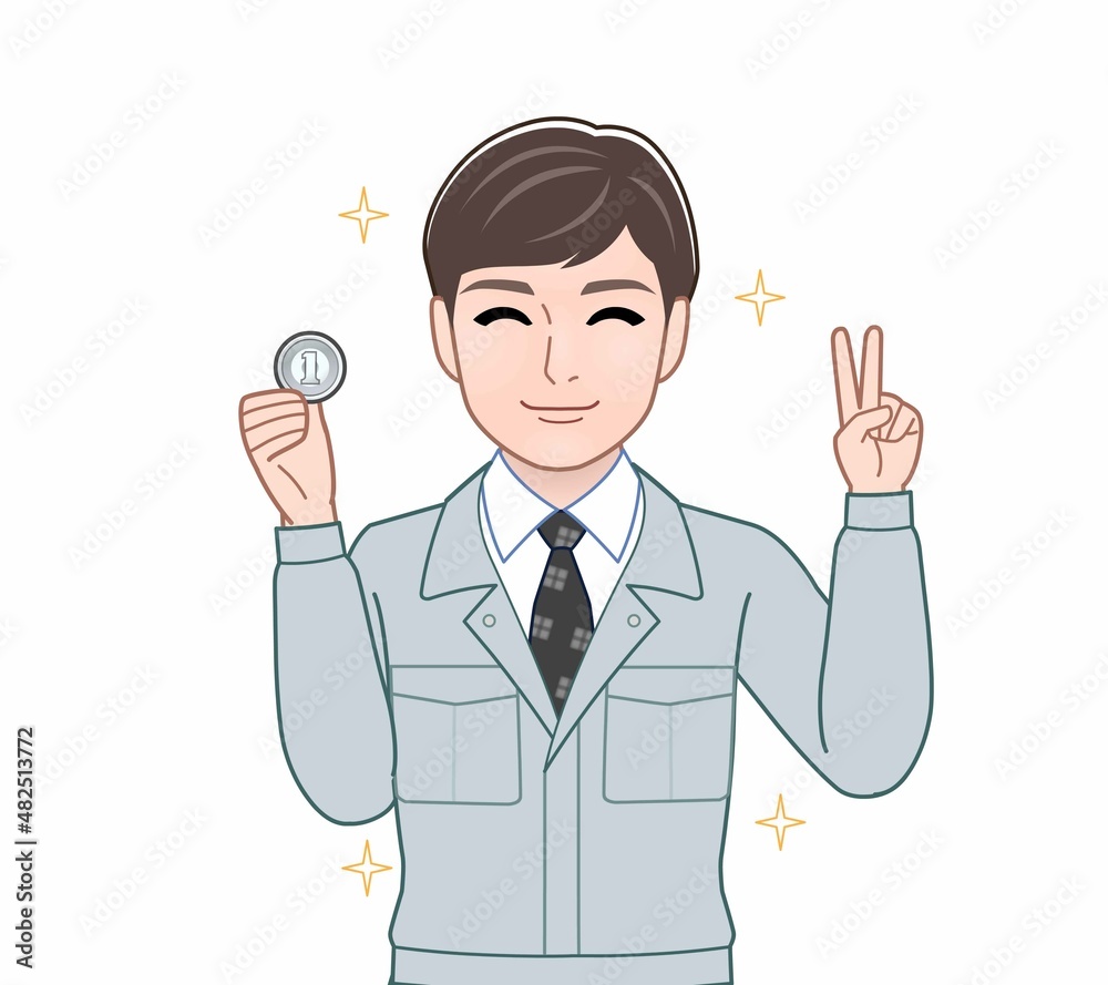 1円玉と男性 1円玉と男性