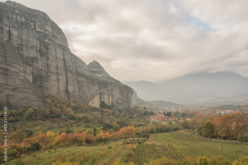 Overcast autumn landscape of rock formations in Meteora, Greece