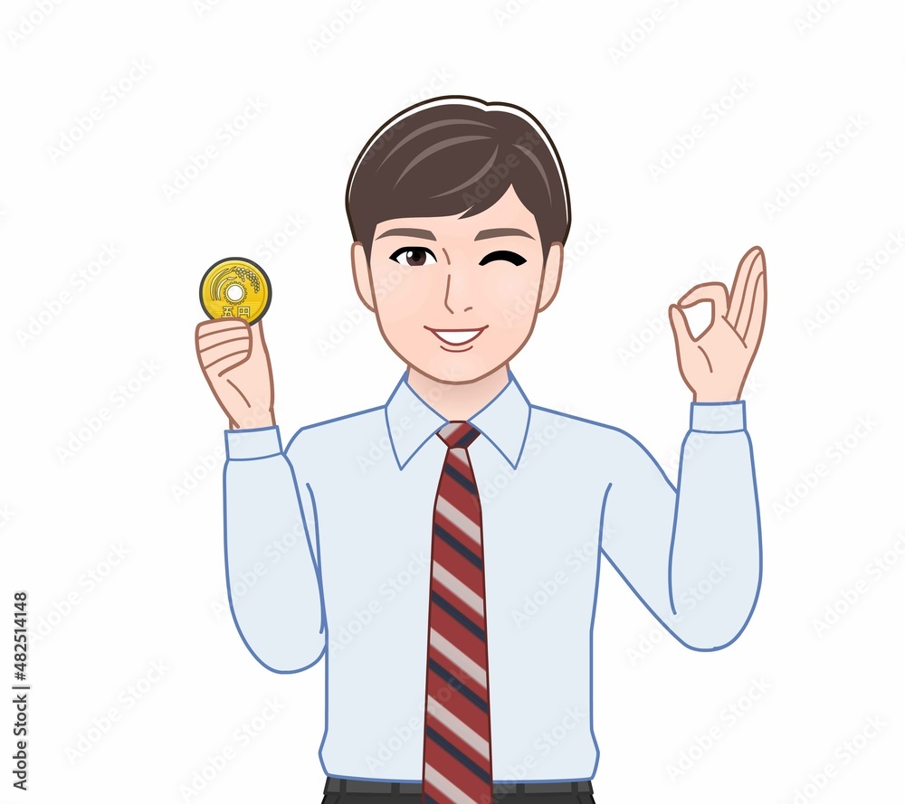 5円玉と男性 5円玉と男性