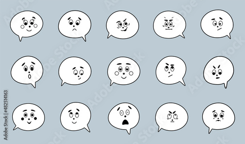Set of comic speech bubbles with different emotions in doodle style. Vector thinking clouds with cartoon face for social media templates,chatting,messages.Emoji.Isolated element on grey background.