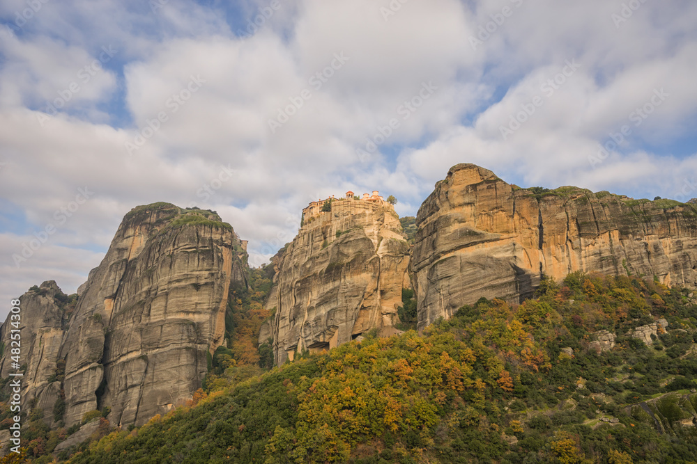Looking up at the rock formations in Meteora, Greece