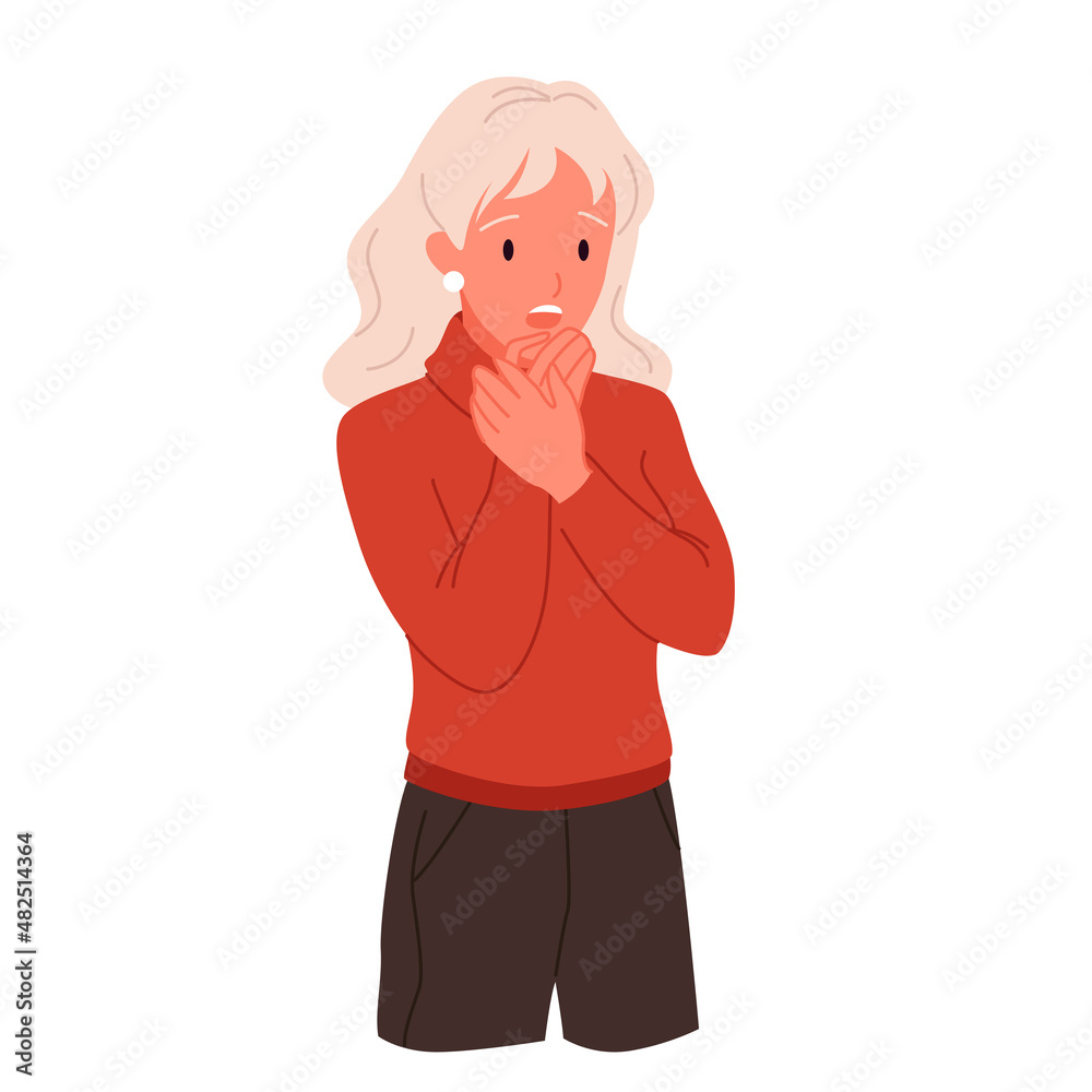 Afraid scared woman with shock expression on face vector illustration. Cartoon portrait of pretty nervous girl, terrified startled person with open mouth and frightened reaction isolated on white Afraid scared woman with shock expression on face vector illustration. Cartoon portrait of pretty nervous girl, terrified startled person with open mouth and frightened reaction isolated on white