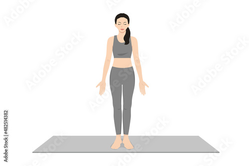Mountain Pose, Equal Standing Pose, Prayer Pose. Beautiful girl practice Tadasana, Samasthiti. Young attractive woman practicing yoga exercise. working out, black wearing sportswear, grey pants © About time