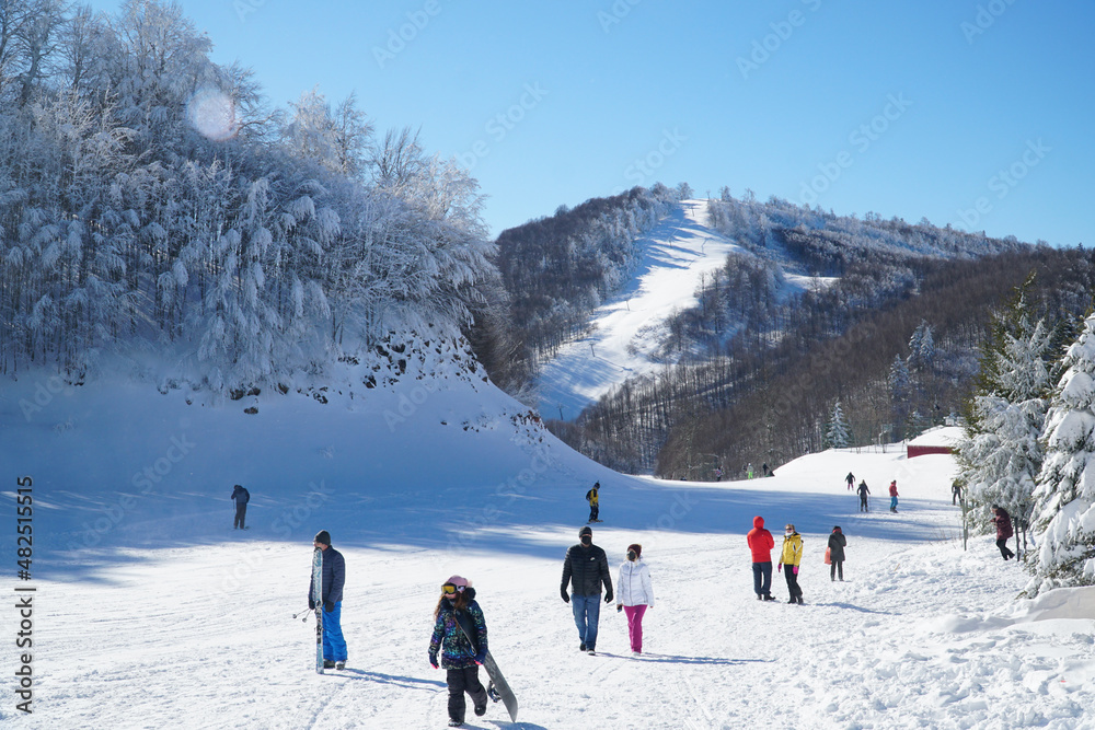 People snowboarding downhill in the ski trails. People skiing and snowboarding freestyle in the ski resort. Winter sports leisure activities. Extreme sports concept. Snow activities concept.