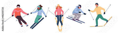 Valokuva Skiers people skiing down snow slopes, winter extreme sport activity set vector illustration