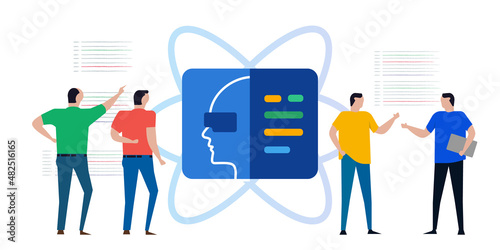 Team of developer software programmer code coding virtual reality augmented system of meta verse