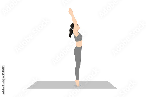 Palm Tree Pose on Tiptoes. Beautiful girl practice Urdhva Hastasana on Tiptoes. Young attractive woman practicing yoga exercise. working out, black wearing sportswear, grey pants and top, indoor full 