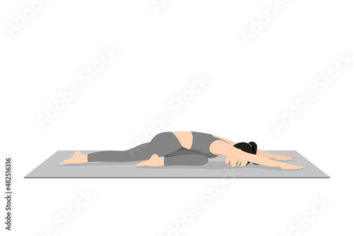 Pigeon Pose Forward Bend, Sleeping Swan Pose. Beautiful girl practice Kapotasana 2. Young attractive woman practicing yoga exercise. working out, black wearing sportswear, grey pants and top