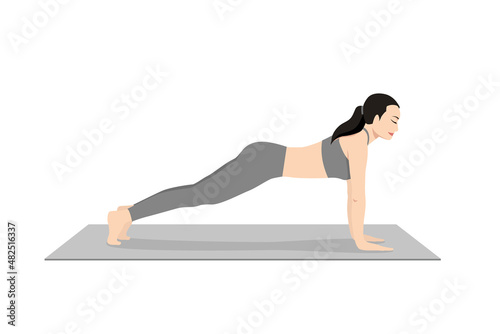 Plank Pose, Kumbhakasana. Beautiful girl practice Phalakasana. Young attractive woman practicing yoga exercise. working out, black wearing sportswear, grey pants and top, indoor full length, calmness