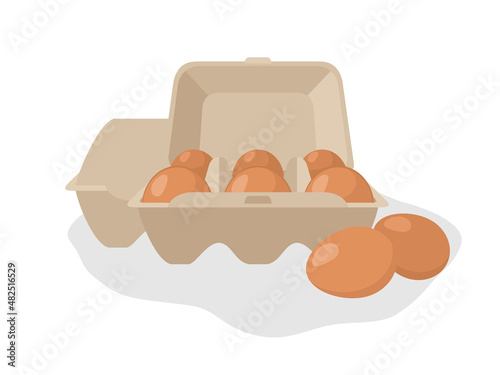 Flat illustration of carton packaging for eggs. Illustration of a composition with an open package of six eggs and eggs lying separately. Packaging, a useful product. Vector on white background.