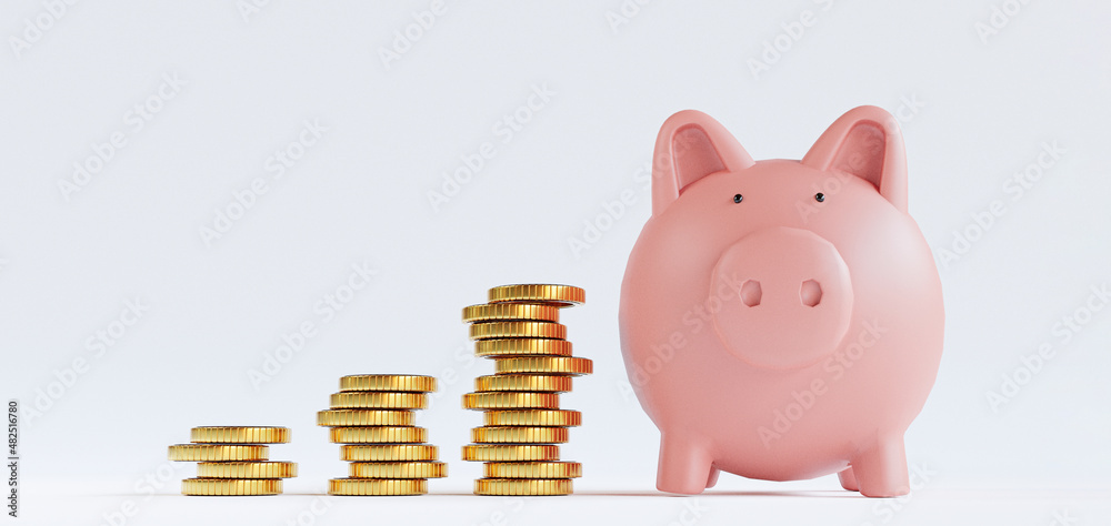 Golden coins stacking and pink piggy save money on white background for deposit and financial saving growth concept by 3d render. - obrazy, fototapety, plakaty 