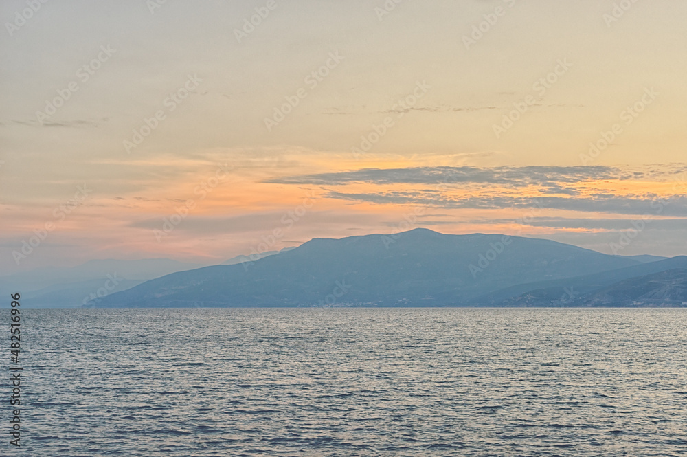 Dusk over the Argolic Gulf with mountains in the background