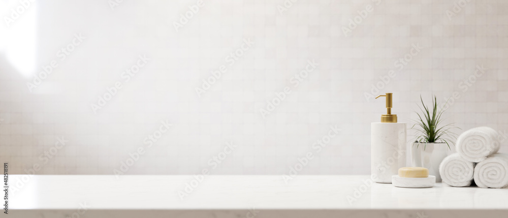 Set of modern minimal bath accessories on white countertop - obrazy, fototapety, plakaty 