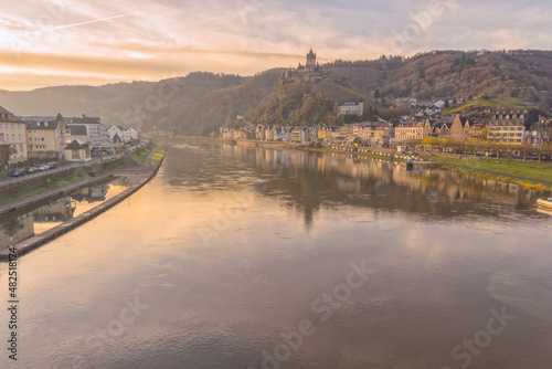 Sunset cityscape of Cochem Germany with view of Cochem castle and the moselle river