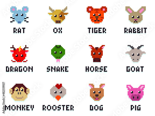 Cute animal head 12 shio chinese zodiac pixel art
