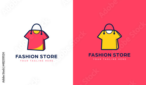 Tshirt clothing fashion store logo with shopping bag icon symbol in tee shape