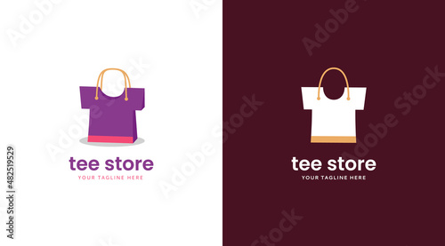 Tee tshirt store logo template with shopping bag icon in tshirt shape