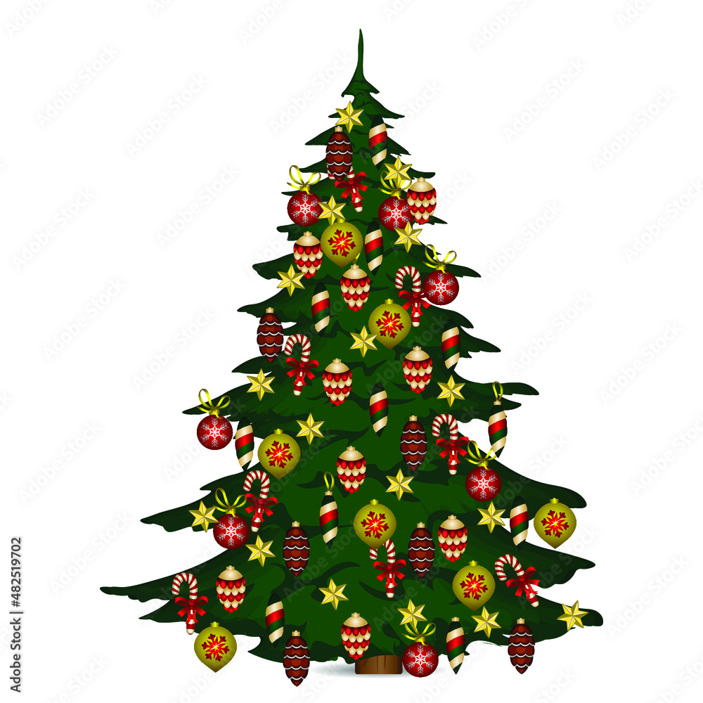 Christmas tree with numerous decorations on a white background. Vector illustration Christmas tree with numerous decorations on a white background. Vector illustration